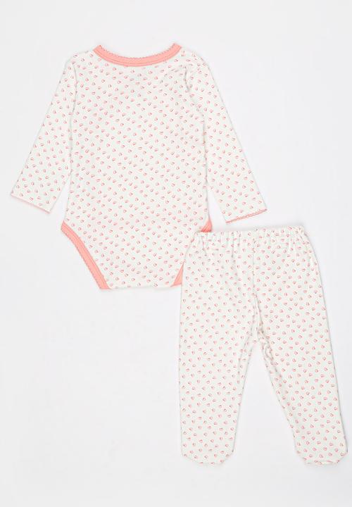 Baby Corner - Love 2 piece Side Snap Bodysuit Footed Pants Set - White