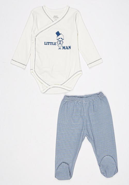 Baby Corner - Little Man 2 piece Side Snap Bodysuit Footed Pant White