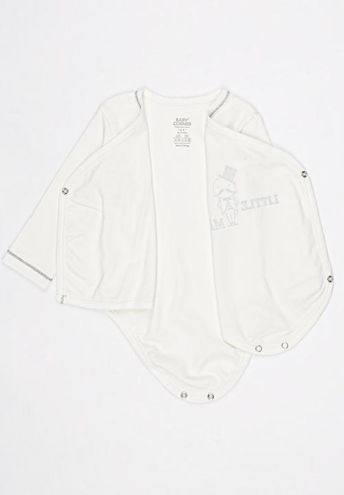 Baby Corner - Little Man 2 piece Side Snap Bodysuit Footed Pant White