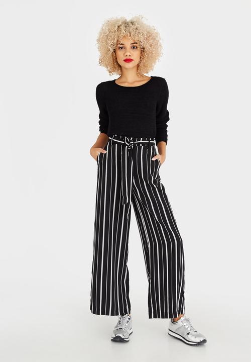 black and white striped wide leg trousers