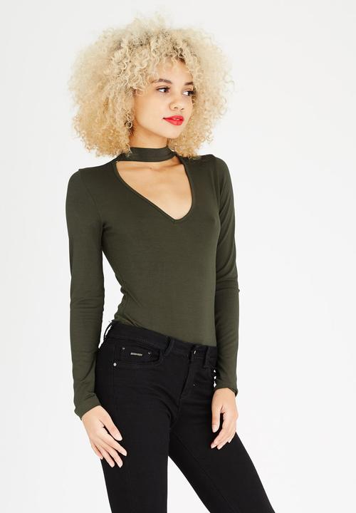 c(inch) - Choker Neckline Bodysuit Dark Green