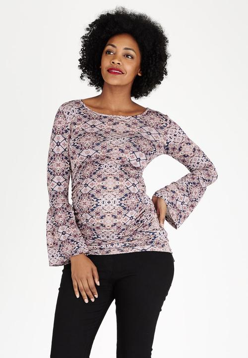 edit Maternity - Fluted Sleeve Ballerina Neckline Top Multi-colour