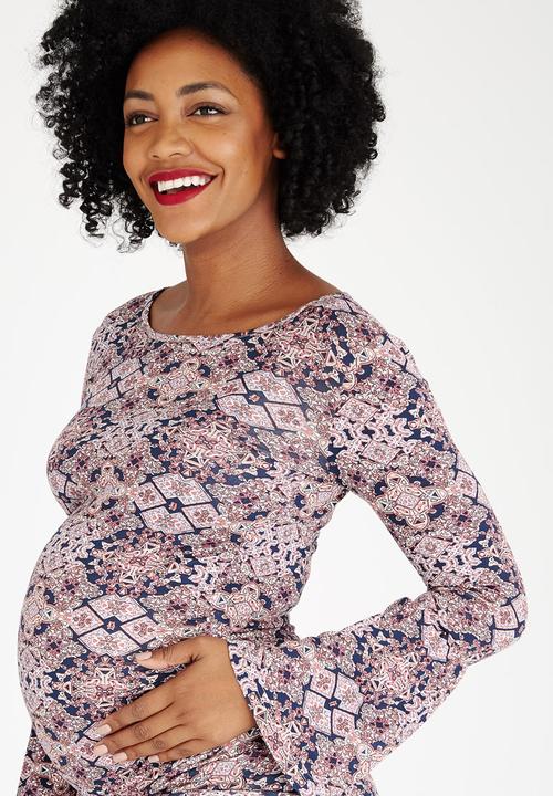edit Maternity - Fluted Sleeve Ballerina Neckline Top Multi-colour