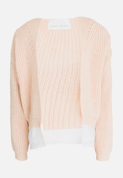 See-Saw - Lace Hem Trim Cardigan Pale Pink