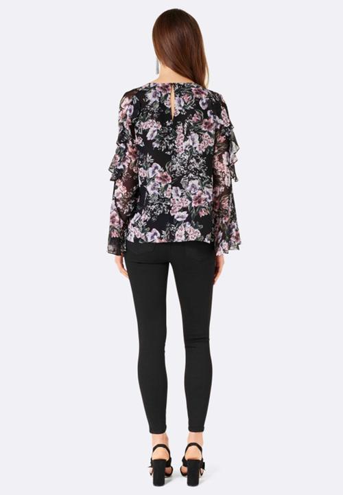 Forever New (Spree) - Donna Lace Trim Puff Sleeve Top Black