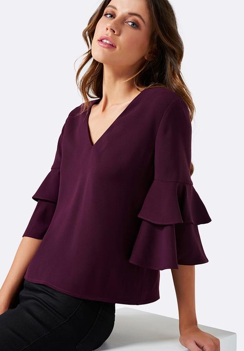 Forever New (Spree) - Valerie Tiered Frill Sleeve Top Burgundy