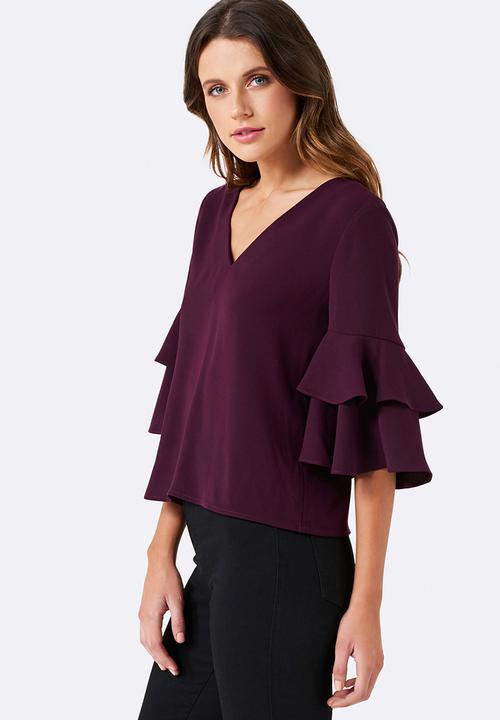 Forever New (Spree) - Valerie Tiered Frill Sleeve Top Burgundy