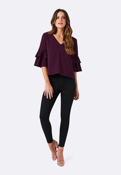 Forever New (Spree) - Valerie Tiered Frill Sleeve Top Burgundy