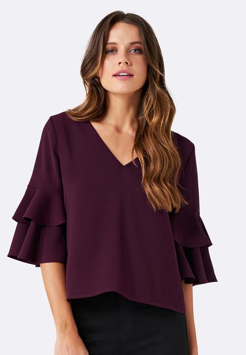 Forever New (Spree) - Valerie Tiered Frill Sleeve Top Burgundy