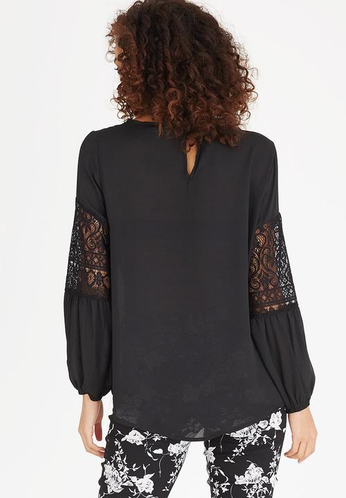 edit - Lace Inset Lantern Sleeve Top Black