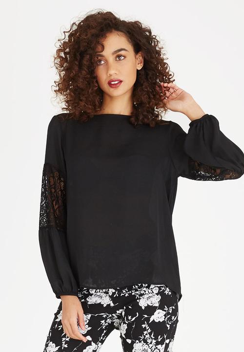edit - Lace Inset Lantern Sleeve Top Black