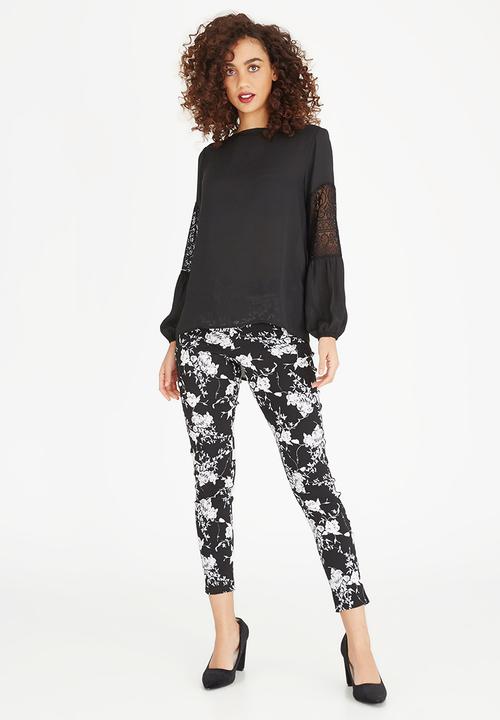 edit - Lace Inset Lantern Sleeve Top Black