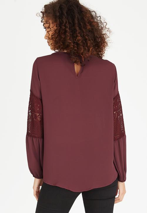 edit - Lace Inset Lantern Sleeve Top Burgundy