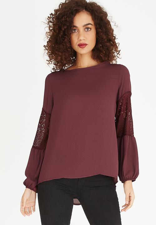 edit - Lace Inset Lantern Sleeve Top Burgundy