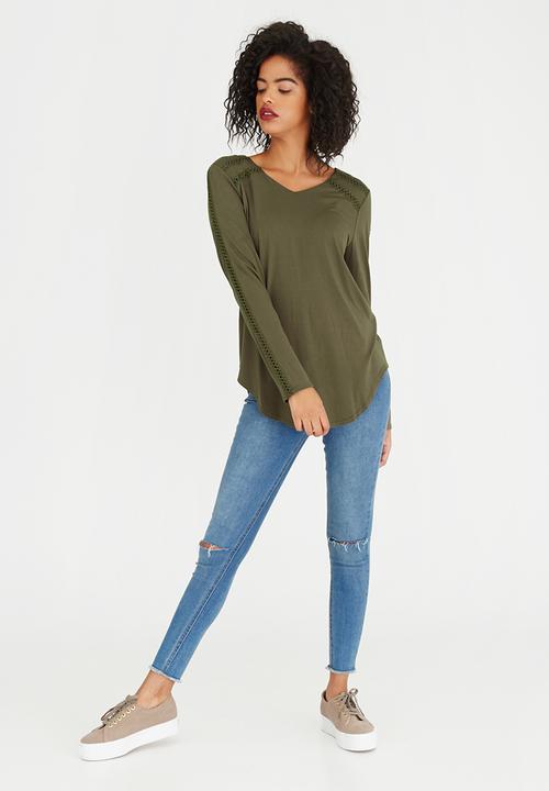 G Couture - Top with Inset Detail Khaki Green