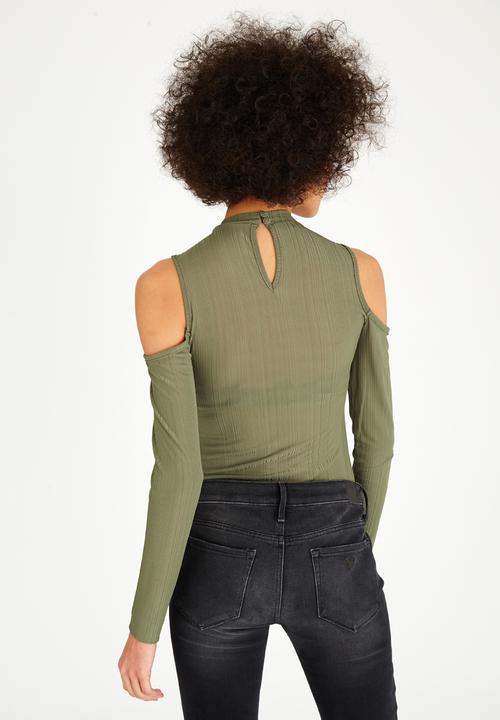 STYLE REPUBLIC - Cold Shoulder Bodysuit Dark Green