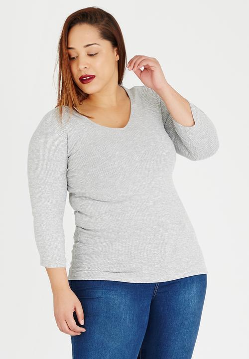 edit Plus - V-Neck Long 3/4 Slv Rib T Grey Melange