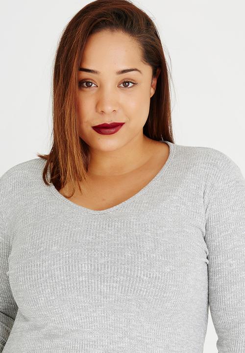 edit Plus - V-Neck Long 3/4 Slv Rib T Grey Melange