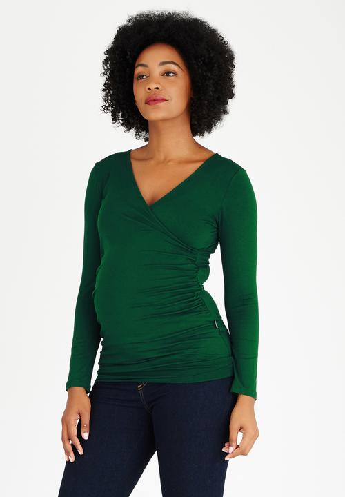 Cherry Melon - Long Sleeve Gauged Wrap Top Dark Green