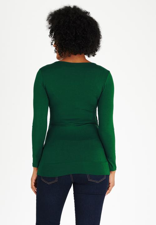Cherry Melon - Long Sleeve Gauged Wrap Top Dark Green