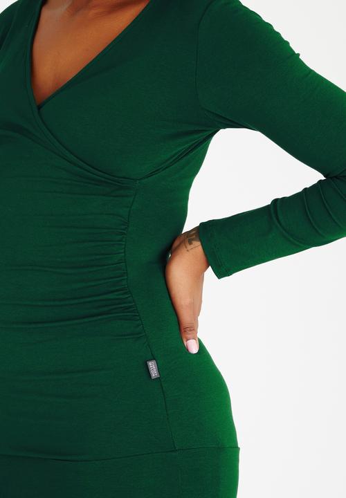 Cherry Melon - Long Sleeve Gauged Wrap Top Dark Green