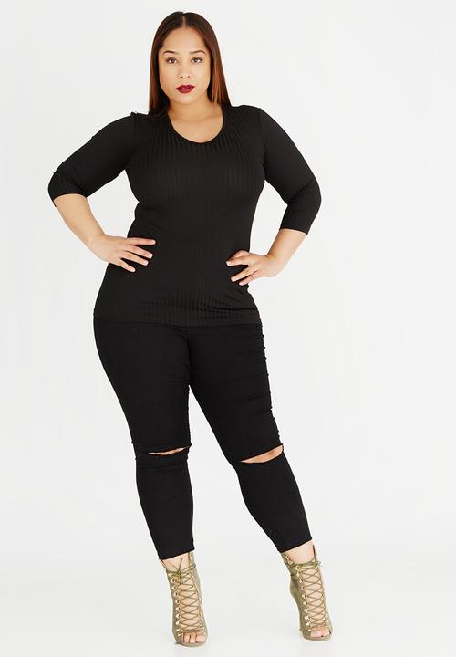 edit Plus - V-Neck Long 3/4 Slv Rib T Black