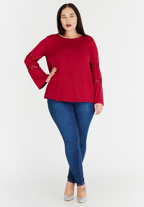 edit Plus - Sheer Inset Top Burgundy