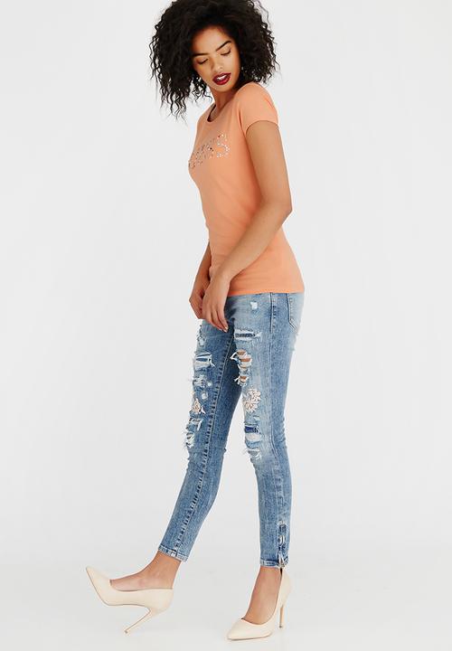 GUESS - Guess Bedazzled Logo Tee Peach