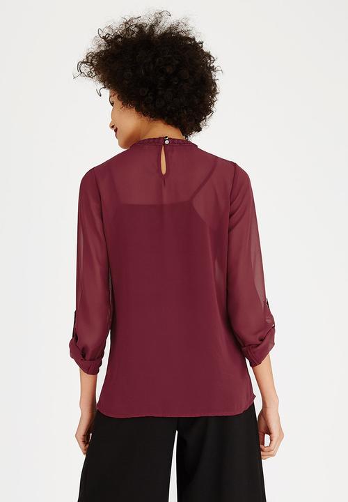 edit - Lace Trim Blouse Burgundy