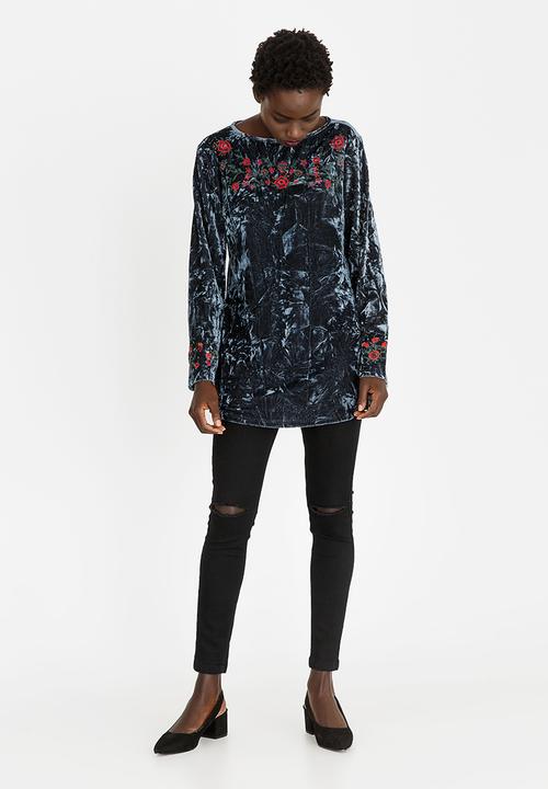 G Couture - Crushed Velvet Embroidered Top Grey