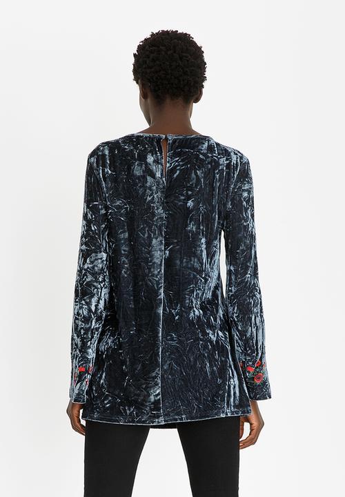 G Couture - Crushed Velvet Embroidered Top Grey