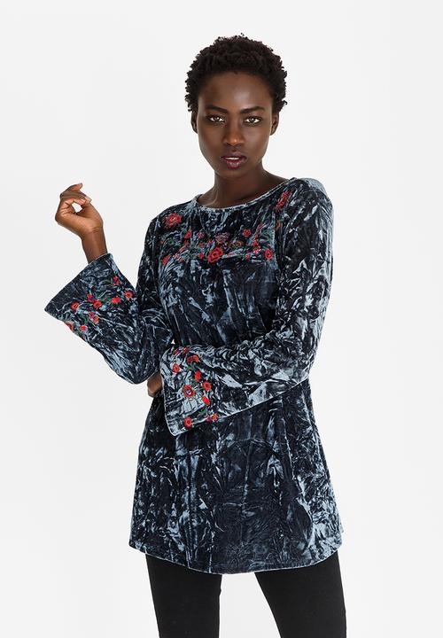 G Couture - Crushed Velvet Embroidered Top Grey