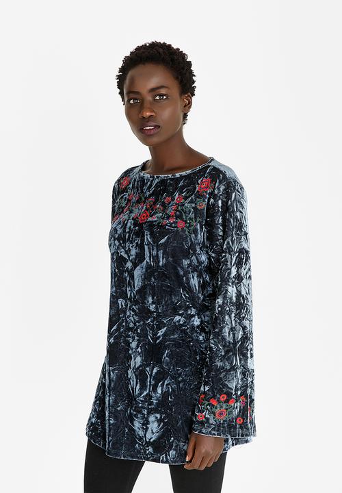 G Couture - Crushed Velvet Embroidered Top Grey