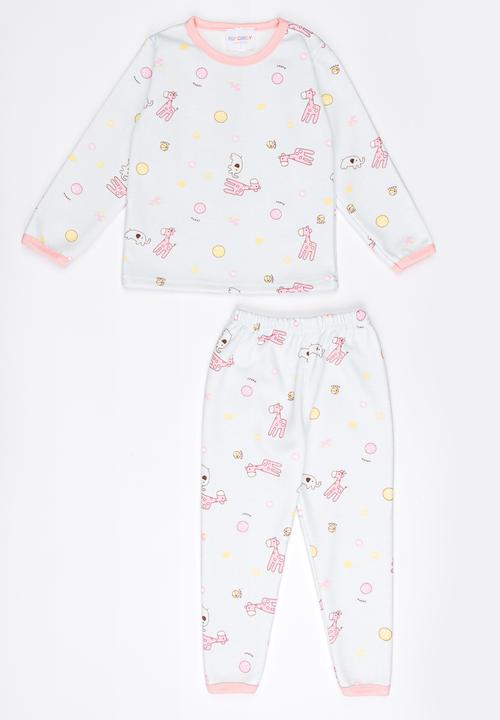 Pop Candy - Long sleeve printed PJ set - white & pink 
