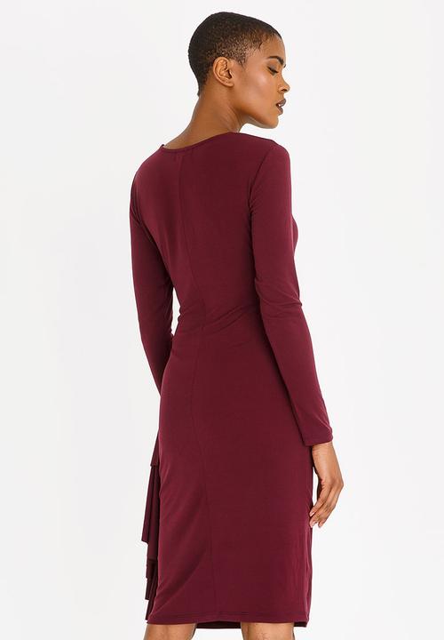 edit - Long Sleeve Wrap Over Dress with Frills - dark purple
