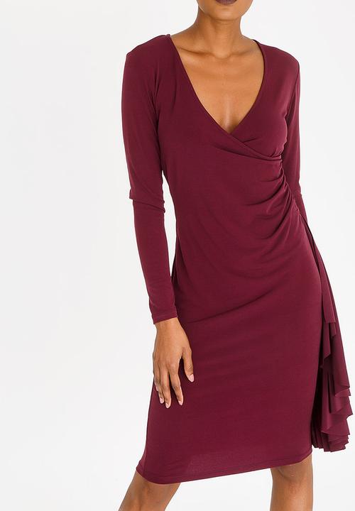 edit - Long Sleeve Wrap Over Dress with Frills - dark purple