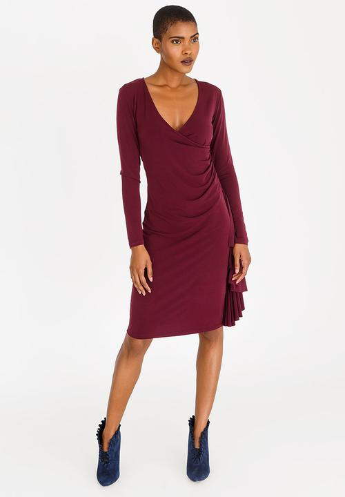 edit - Long Sleeve Wrap Over Dress with Frills - dark purple