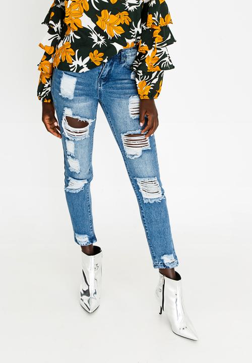 STYLE REPUBLIC - Rip & Repair Straight Leg Jeans Mid Blue