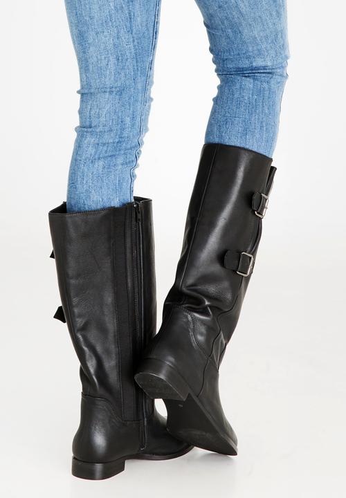 Julz - Leather Wider Calves Double Buckle Boots Black