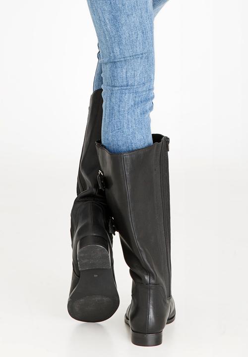 Julz - Leather Wider Calves Double Buckle Boots Black