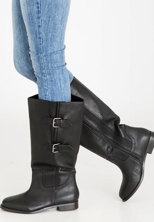Julz - Leather Wider Calves Double Buckle Boots Black