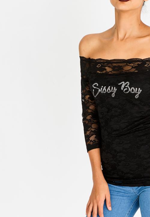 SISSY BOY - Bardot Top with Lace Detail Black