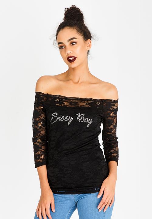 SISSY BOY - Bardot Top with Lace Detail Black