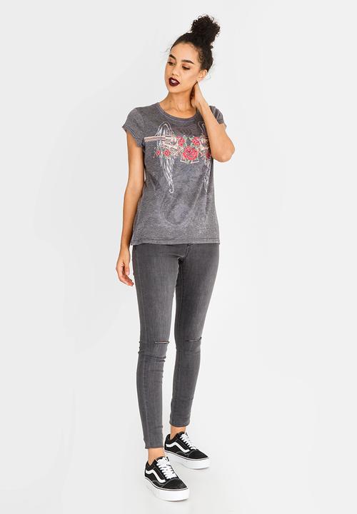 Brave Soul - Rose & Wings Diamante Tee Grey