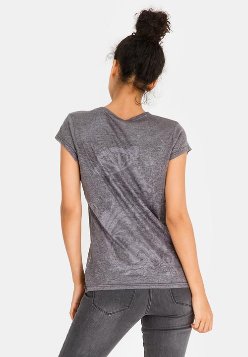 Brave Soul - Rose & Wings Diamante Tee Grey