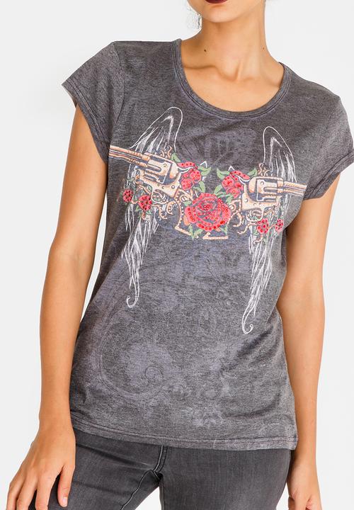 Brave Soul - Rose & Wings Diamante Tee Grey