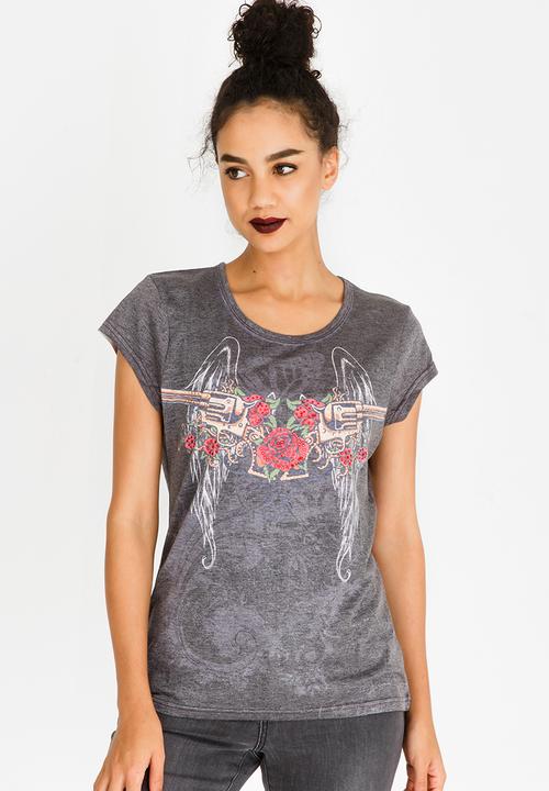 Brave Soul - Rose & Wings Diamante Tee Grey