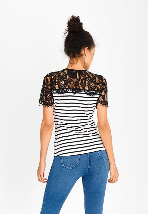 SISSY BOY - Stripe Lace Detail Top Black and White