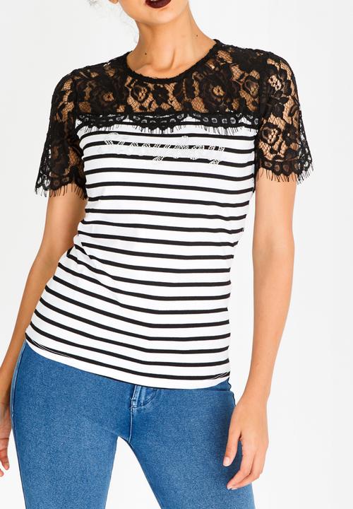 SISSY BOY - Stripe Lace Detail Top Black and White