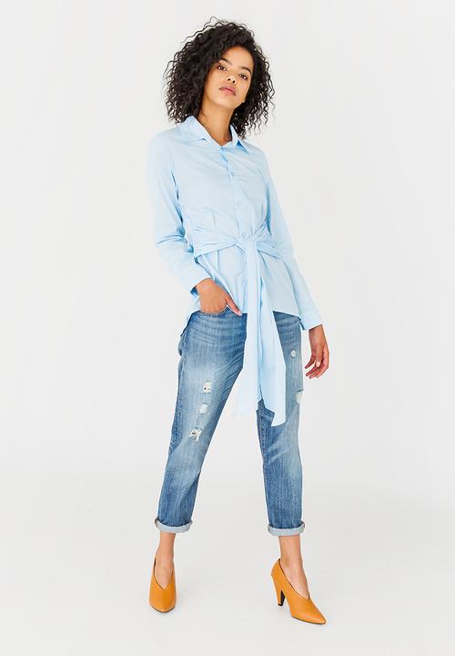 edit - Long-sleeve Button Down Shirt with Ties Pale Blue